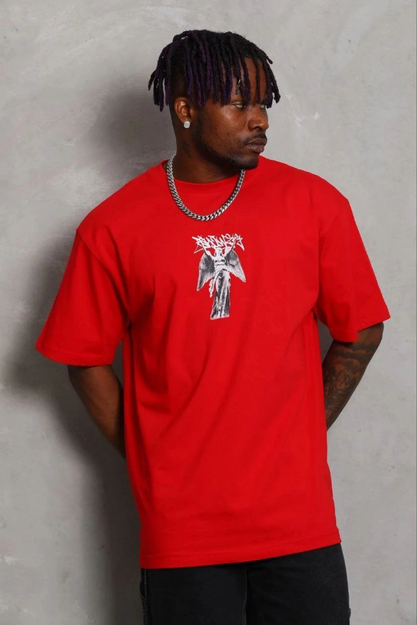 Erkek Baskılı T-Shirt Kısa Kol Bisiklet Yaka Regular Fit Tişört – Kırmızı