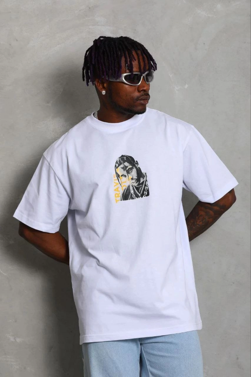 Erkek Baskılı T-Shirt Kısa Kol Bisiklet Yaka Regular Fit Tişört – Beyaz