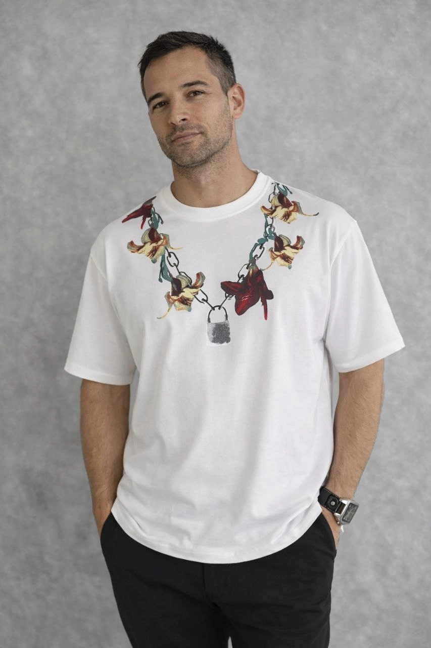 Erkek Baskılı T-Shirt Kısa Kol Bisiklet Yaka Regular Fit Tişört – Beyaz