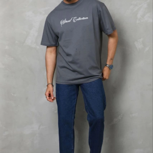 Erkek Baskılı T-Shirt Kısa Kol Bisiklet Yaka Regular Fit Tişört – Füme