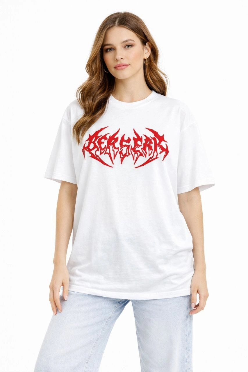 Kadın Kısa Kol Yazlık Tişört Bisiklet Yaka Baskılı Oversize T-Shirt – Beyaz