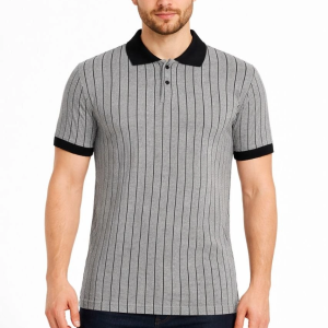 Erkek Polo Yaka Çizgili Tişört Kısa Kol Düğmeli Yazlık T-Shirt – Gri