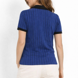 Kadın Polo Yaka Çizgili Tişört Kısa Kol Düğmeli Yazlık T-Shirt – Saks Mavisi