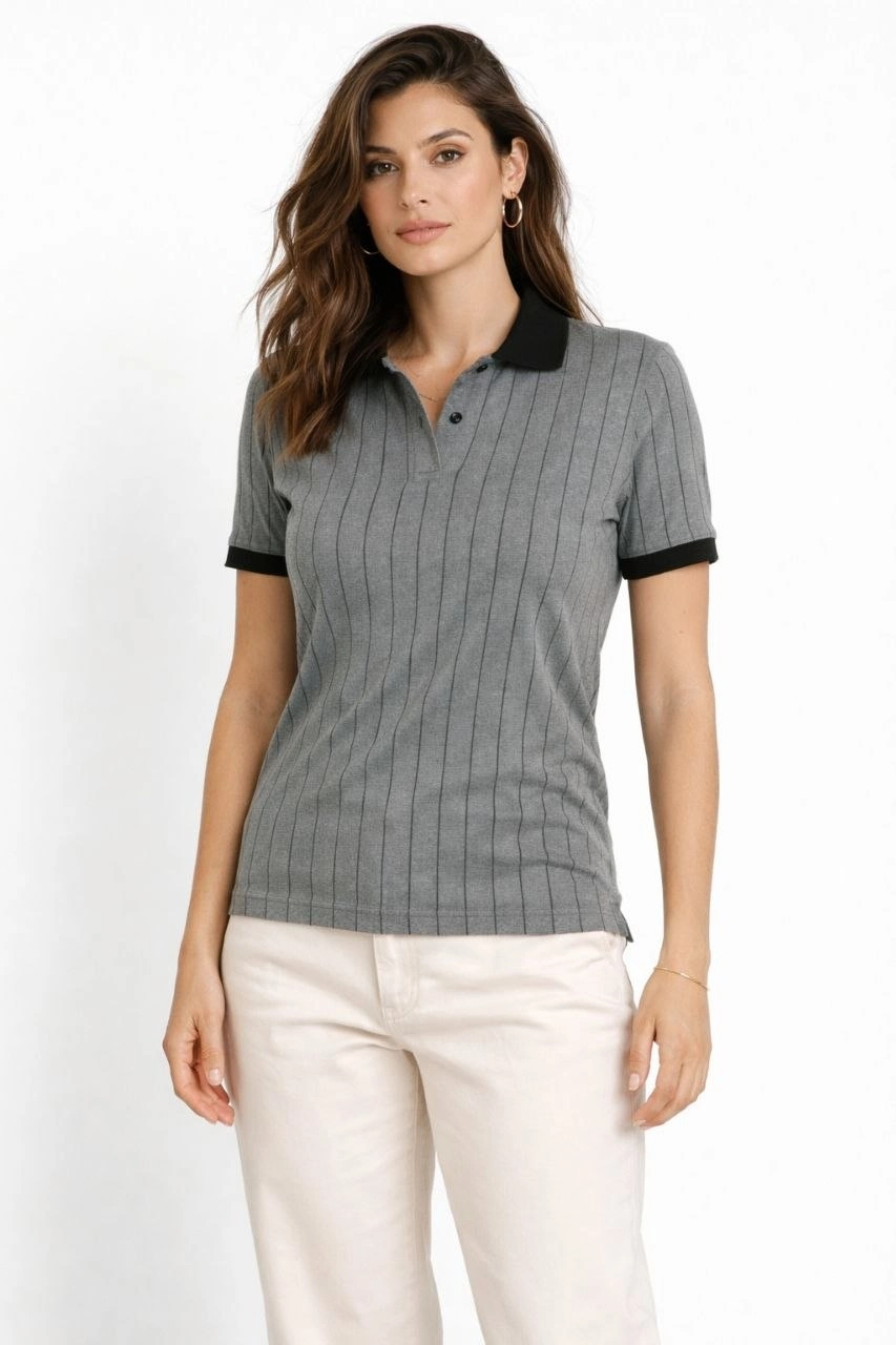 Kadın Polo Yaka Çizgili Tişört Kısa Kol Düğmeli Yazlık T-Shirt – Gri
