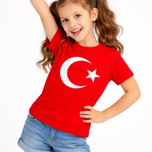 Kız Çocuk Tişört Bisiklet Yaka Ay Yıldız Bayrak Baskılı T-Shirt – Kırmızı