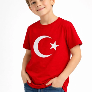 Erkek Çocuk Tişört Bisiklet Yaka Ay Yıldız Bayrak Baskılı T-Shirt – Kırmızı