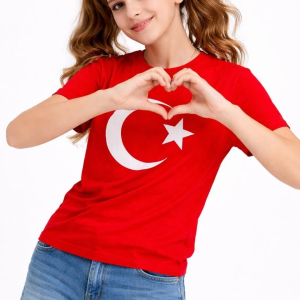 Kız Çocuk Tişört Bisiklet Yaka Ay Yıldız Bayrak Baskılı T-Shirt – Kırmızı