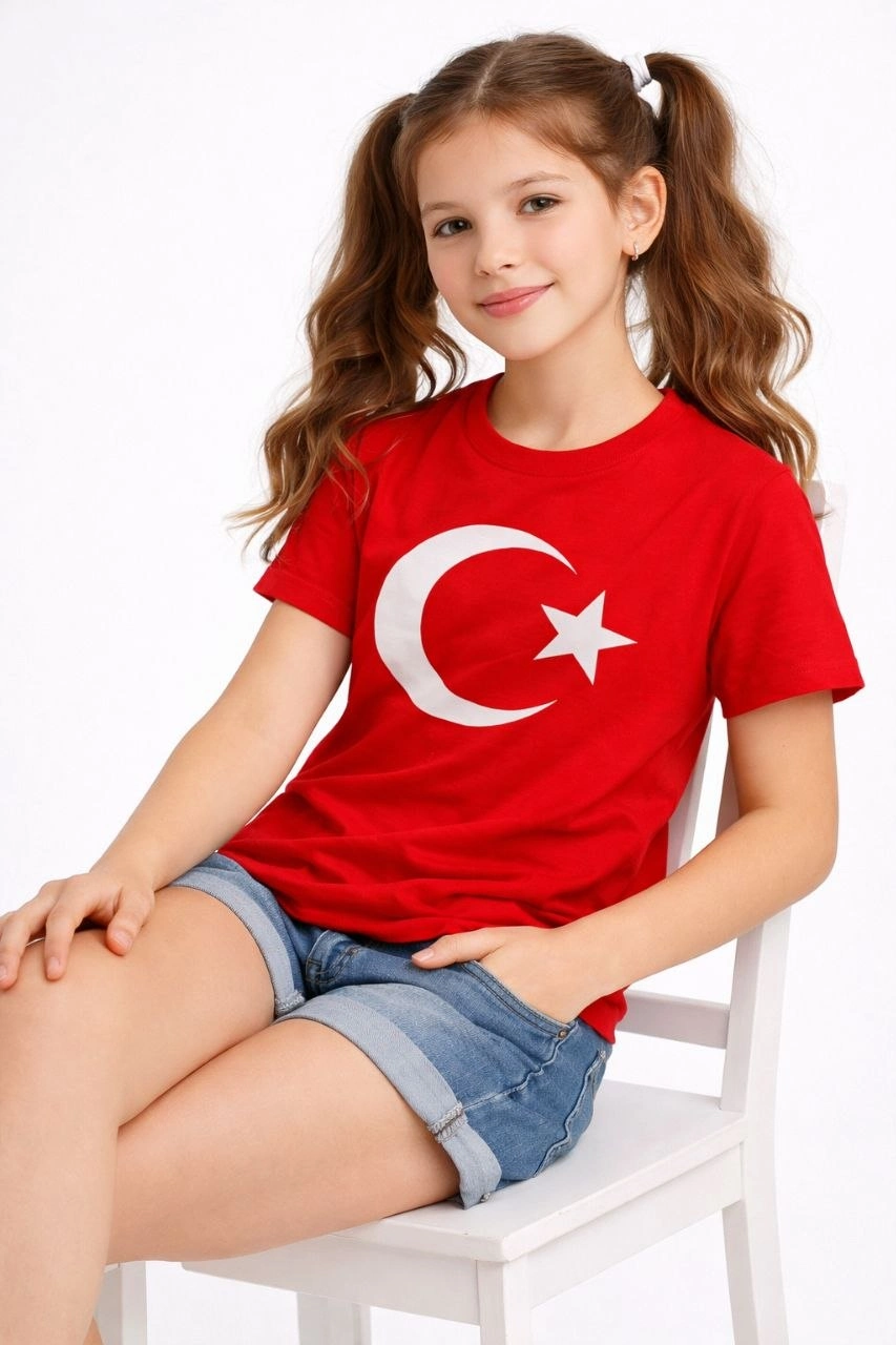 Kız Çocuk Tişört Bisiklet Yaka Ay Yıldız Bayrak Baskılı T-Shirt – Kırmızı