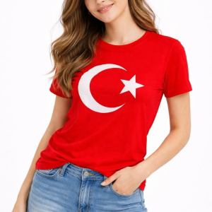 Kadın T-Shirt Kısa Kol Bisiklet Yaka Ay Yıldız Bayrak Baskılı Tişört – Kırmızı
