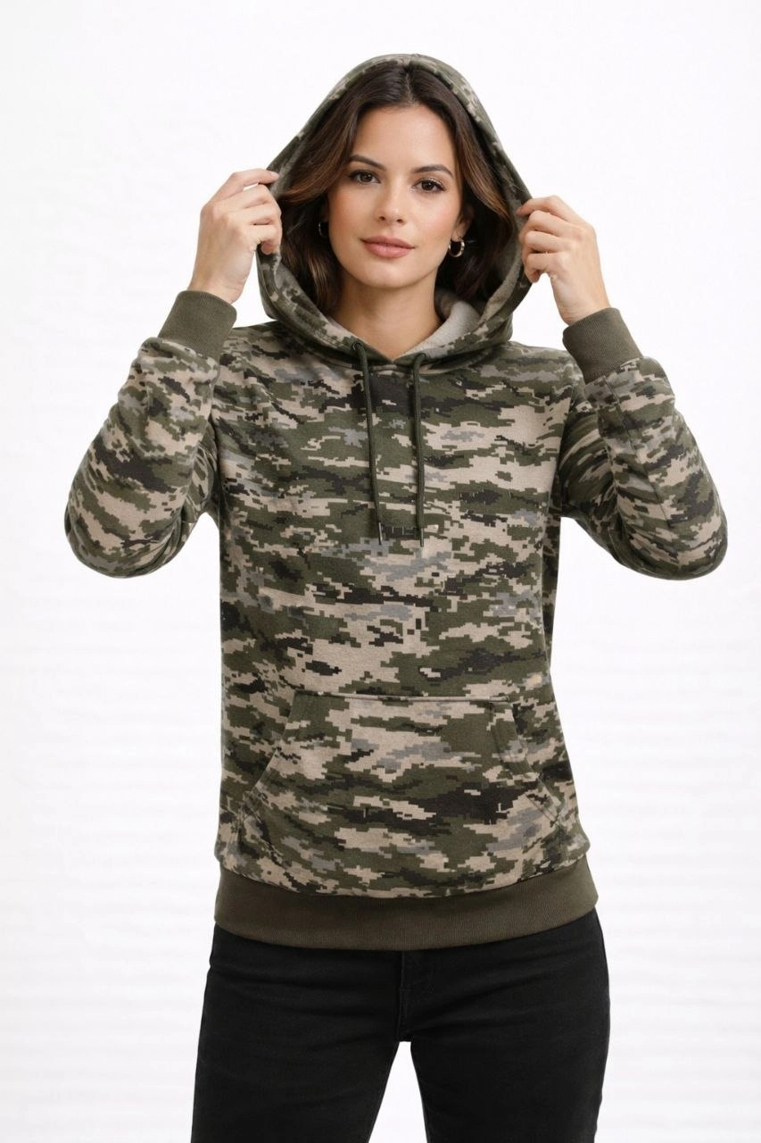 Kadın Kamuflaj Desenli 2 İplik 4 Mevsim Kapüşonlu Kanguru Cepli Hoodie Sweatshirt – Kamuflaj
