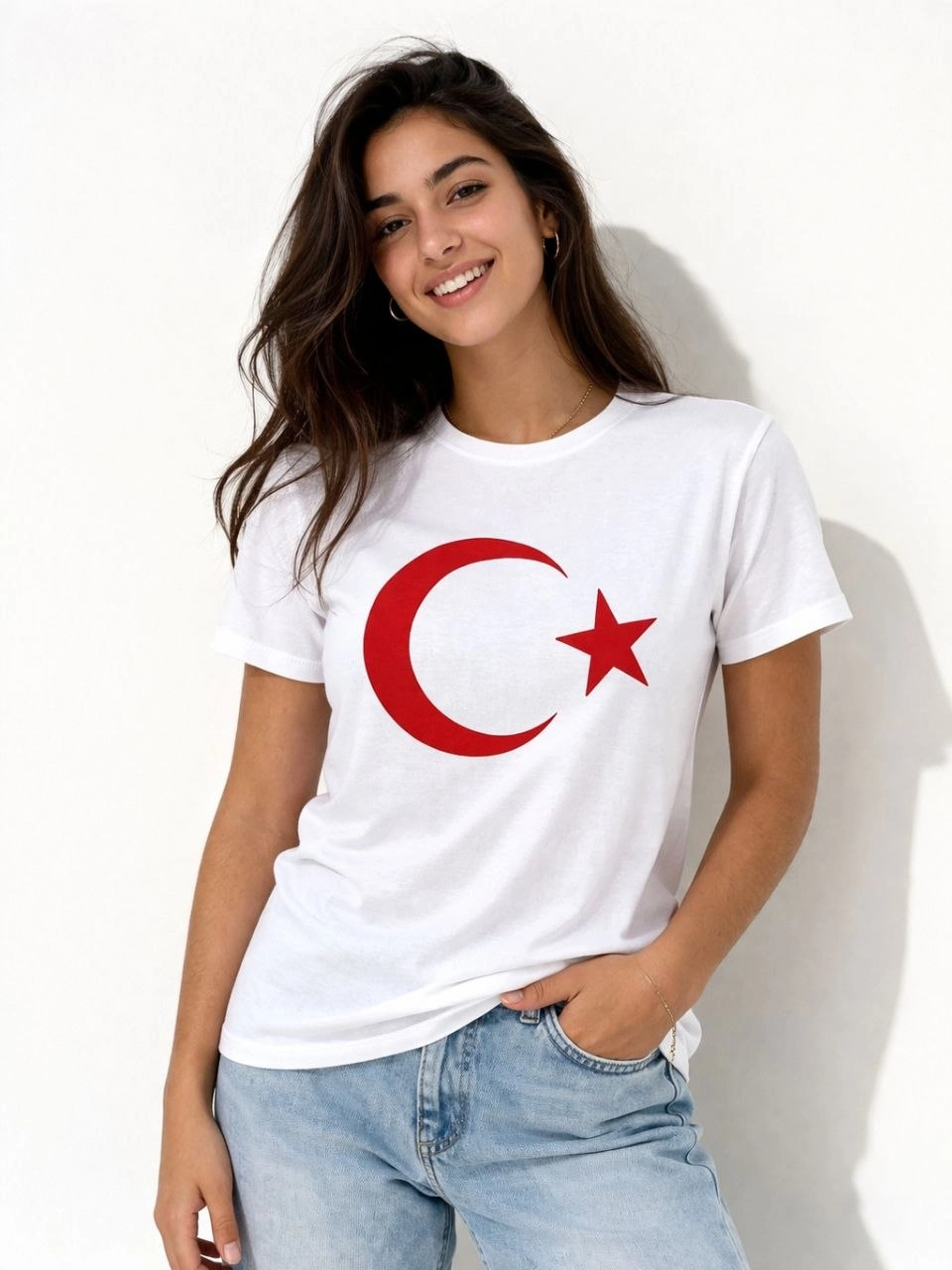 Kadın T-Shirt Kısa Kol Bisiklet Yaka Ay Yıldız Bayrak Baskılı Tişört – Beyaz