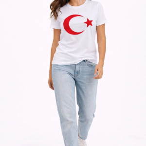 Kadın T-Shirt Kısa Kol Bisiklet Yaka Ay Yıldız Bayrak Baskılı Tişört – Beyaz