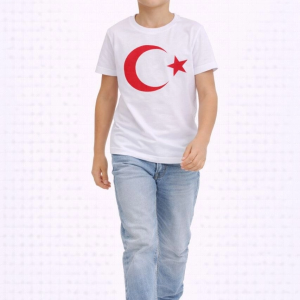 Erkek Çocuk Tişört Bisiklet Yaka Ay Yıldız Bayrak Baskılı T-Shirt – Beyaz