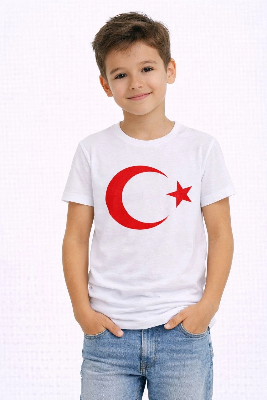 Erkek Çocuk Tişört Bisiklet Yaka Ay Yıldız Bayrak Baskılı T-Shirt – Beyaz