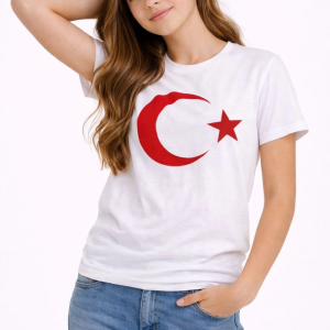 Kız Çocuk Tişört Bisiklet Yaka Ay Yıldız Bayrak Baskılı T-Shirt – Beyaz