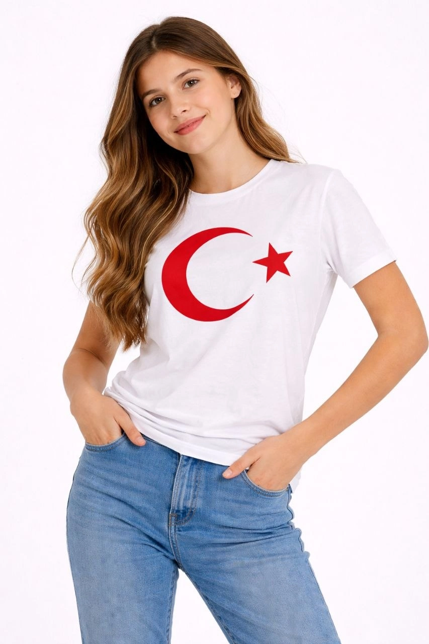 Kız Çocuk Tişört Bisiklet Yaka Ay Yıldız Bayrak Baskılı T-Shirt – Beyaz