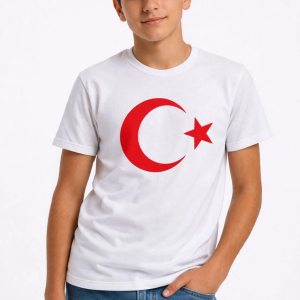 Erkek Çocuk Tişört Bisiklet Yaka Ay Yıldız Bayrak Baskılı T-Shirt – Beyaz