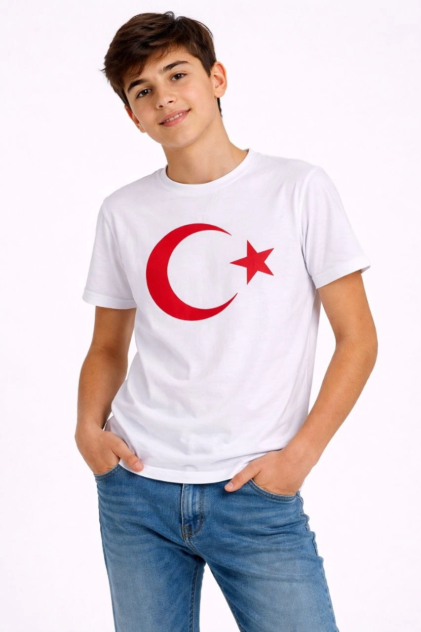 Erkek Çocuk Tişört Bisiklet Yaka Ay Yıldız Bayrak Baskılı T-Shirt – Beyaz