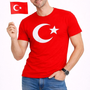 Erkek T-Shirt Kısa Kol Bisiklet Yaka Ay Yıldız Bayrak Baskılı Tişört – Kırmızı