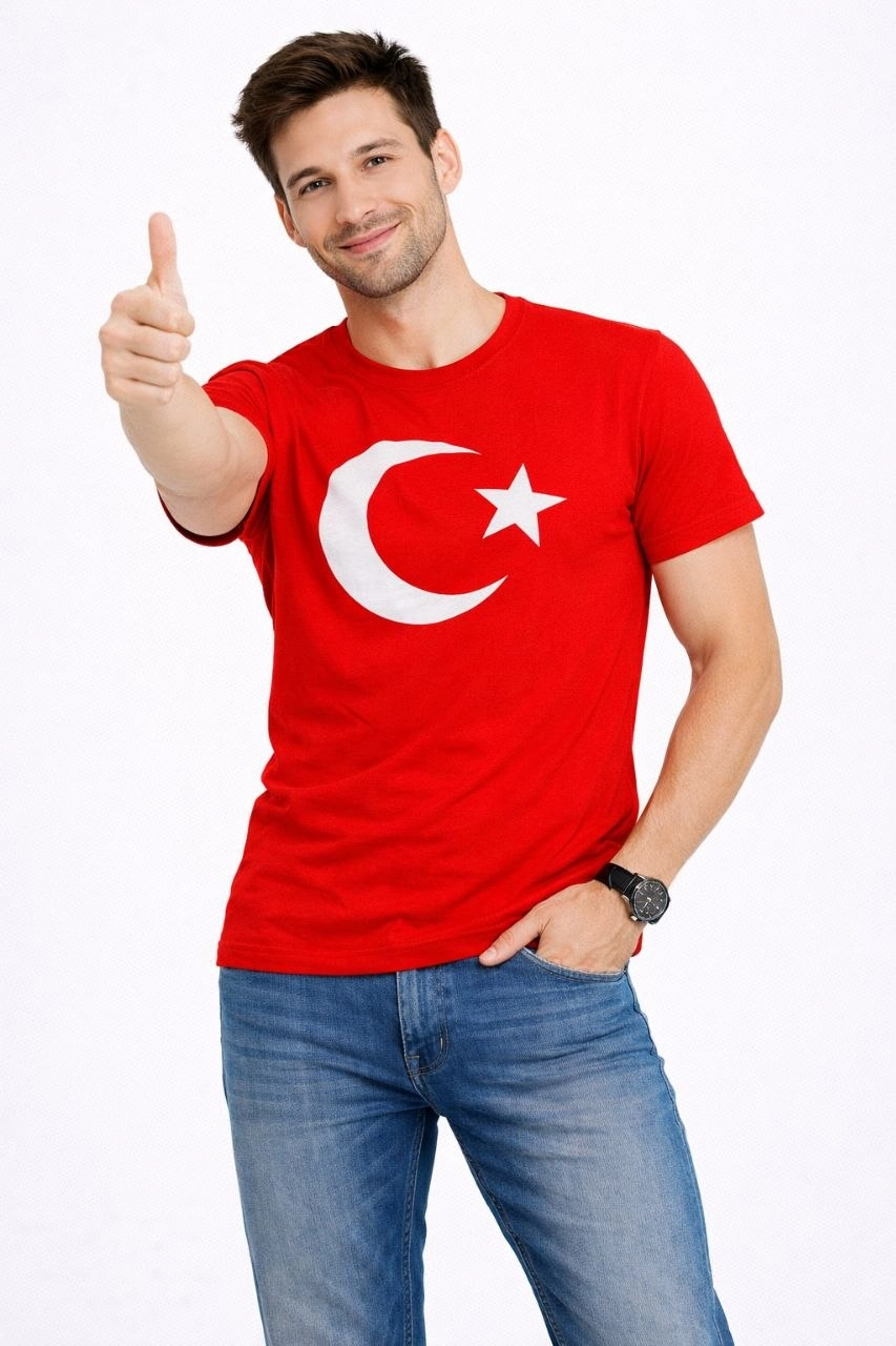 Erkek T-Shirt Kısa Kol Bisiklet Yaka Ay Yıldız Bayrak Baskılı Tişört – Kırmızı