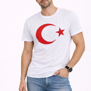Erkek T-Shirt Kısa Kol Bisiklet Yaka Ay Yıldız Bayrak Baskılı Tişört – Beyaz