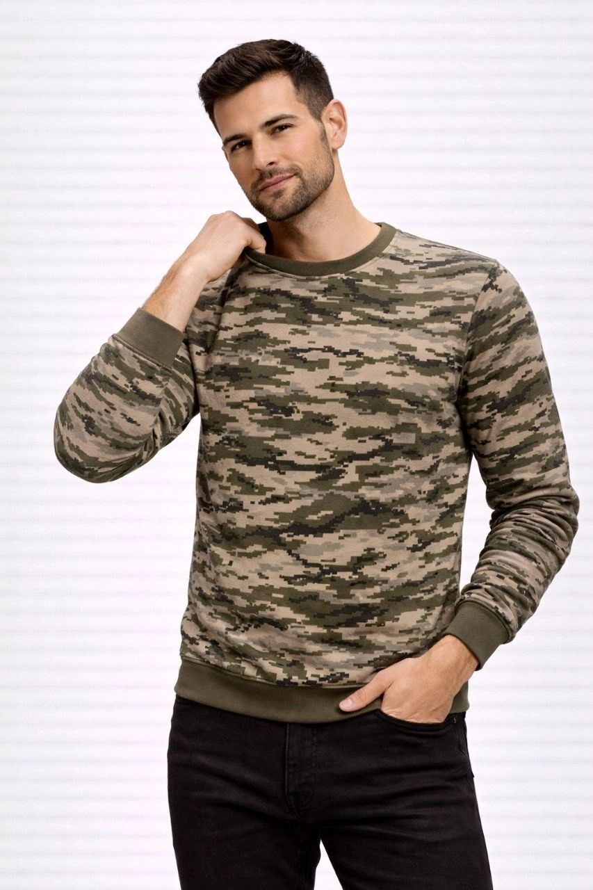 Erkek Kamuflaj Desenli 2 İplik 4 Mevsim Uzun Kollu Bisiklet Yaka Sweatshirt – Kamuflaj