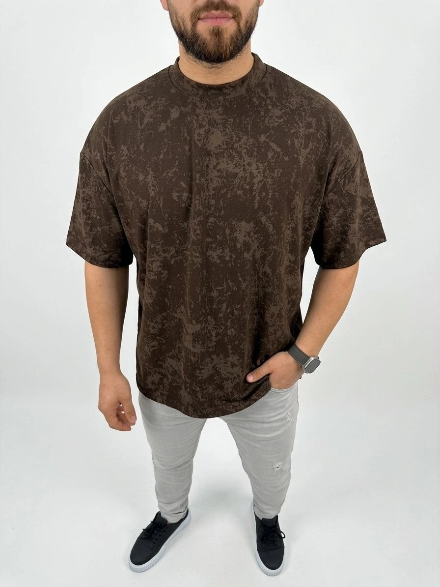 Erkek Premium Tişört OSY Yumuşak Dokulu Yıkamalı Oversize T-Shirt – Kahverengi