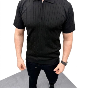 Erkek Yazlık Triko Dokuma Tişört Kısa Kol Bisiklet Yaka Örgü Desenli T-Shirt – Bej