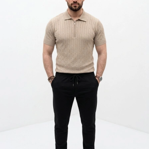 Erkek Yazlık Triko Saç Örgü Tişört Kısa Kol Polo Yaka Fermuarlı T-Shirt – Bej