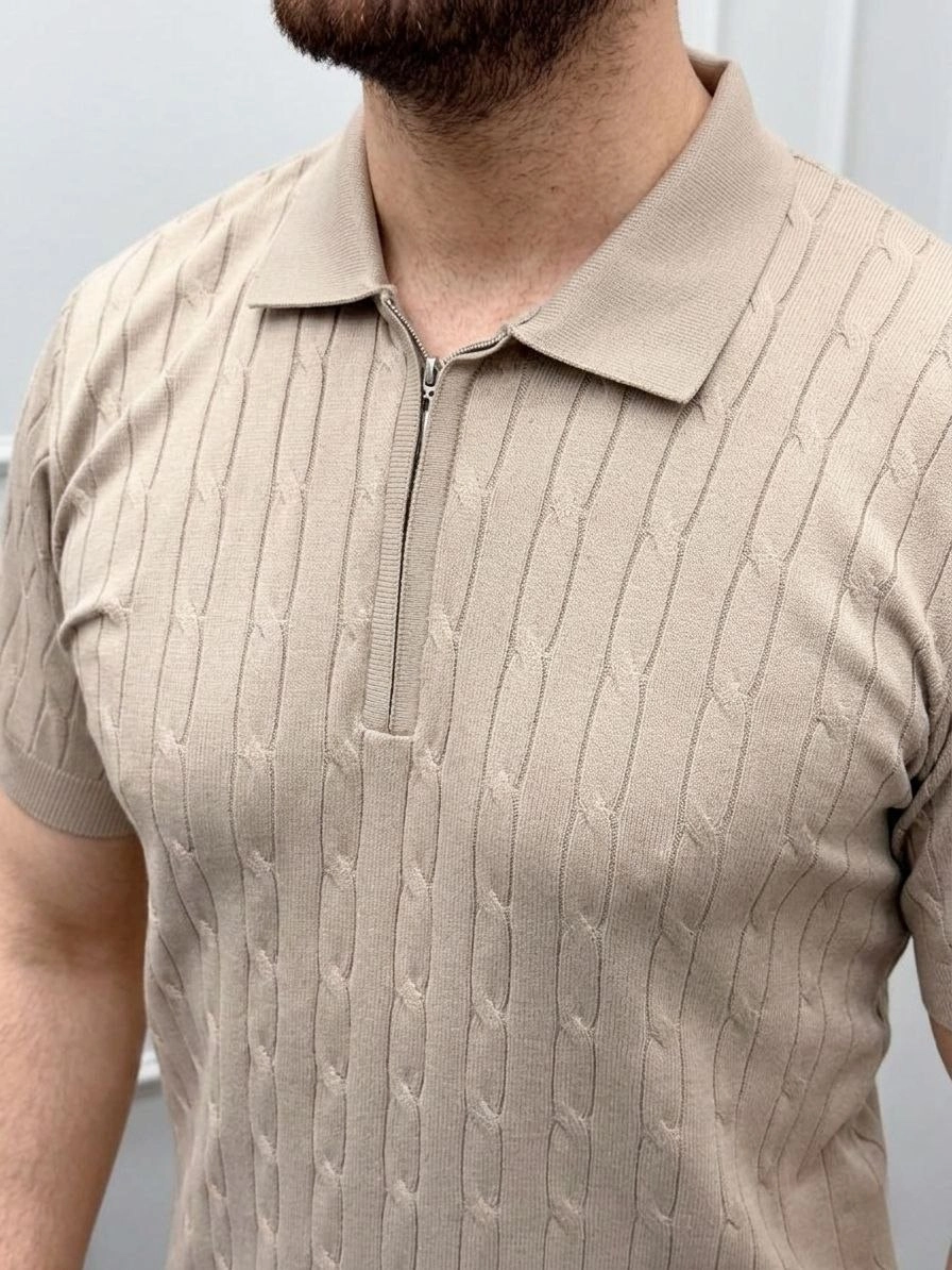 Erkek Yazlık Triko Saç Örgü Tişört Kısa Kol Polo Yaka Fermuarlı T-Shirt – Bej