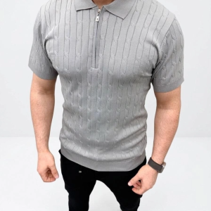 Erkek Yazlık Triko Saç Örgü Tişört Kısa Kol Polo Yaka Fermuarlı T-Shirt – Gri