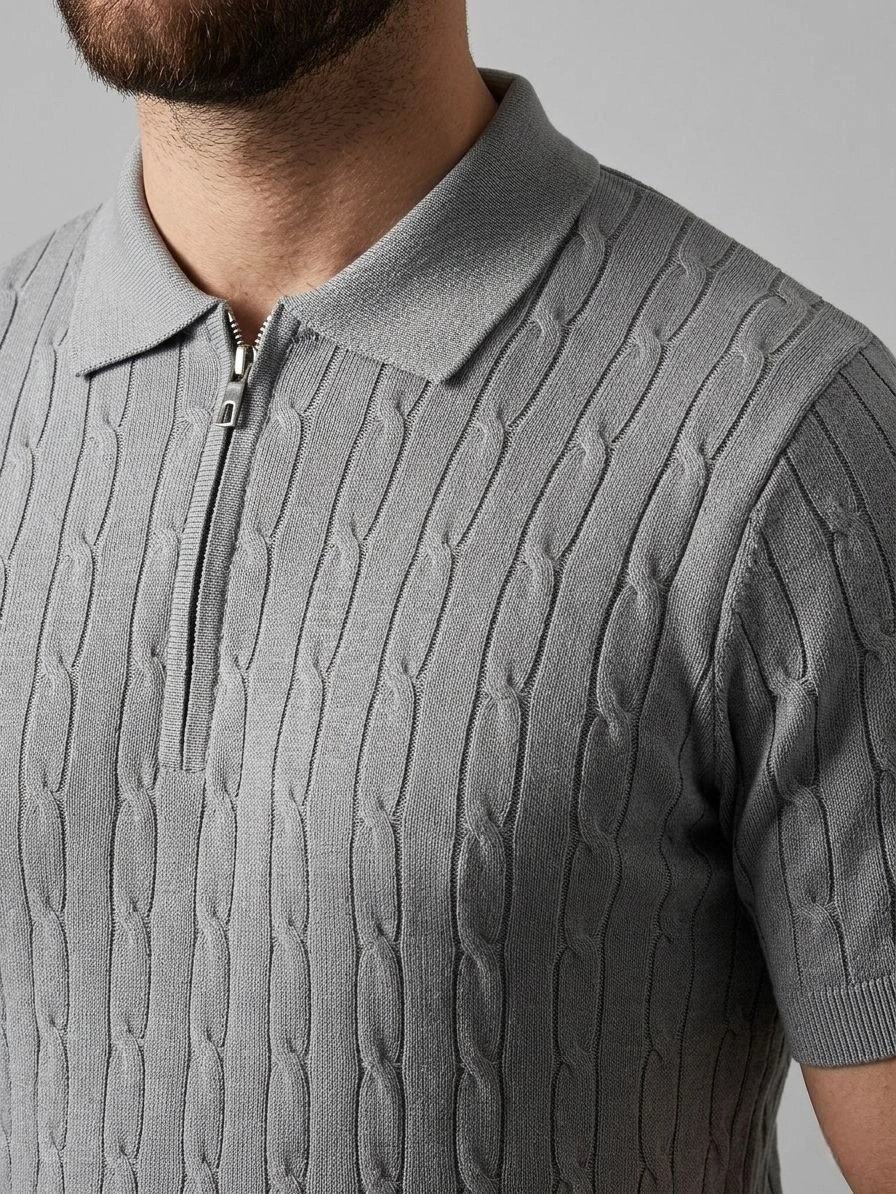 Erkek Yazlık Triko Saç Örgü Tişört Kısa Kol Polo Yaka Fermuarlı T-Shirt – Gri
