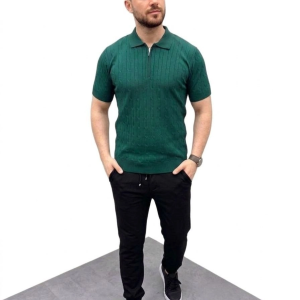 Erkek Yazlık Triko Saç Örgü Tişört Kısa Kol Polo Yaka Fermuarlı T-Shirt – Haki