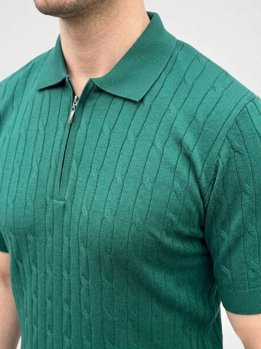 Erkek Yazlık Triko Saç Örgü Tişört Kısa Kol Polo Yaka Fermuarlı T-Shirt – Haki