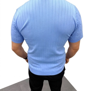 Erkek Yazlık Triko Saç Örgü Tişört Kısa Kol Polo Yaka Fermuarlı T-Shirt – Bebe Mavisi