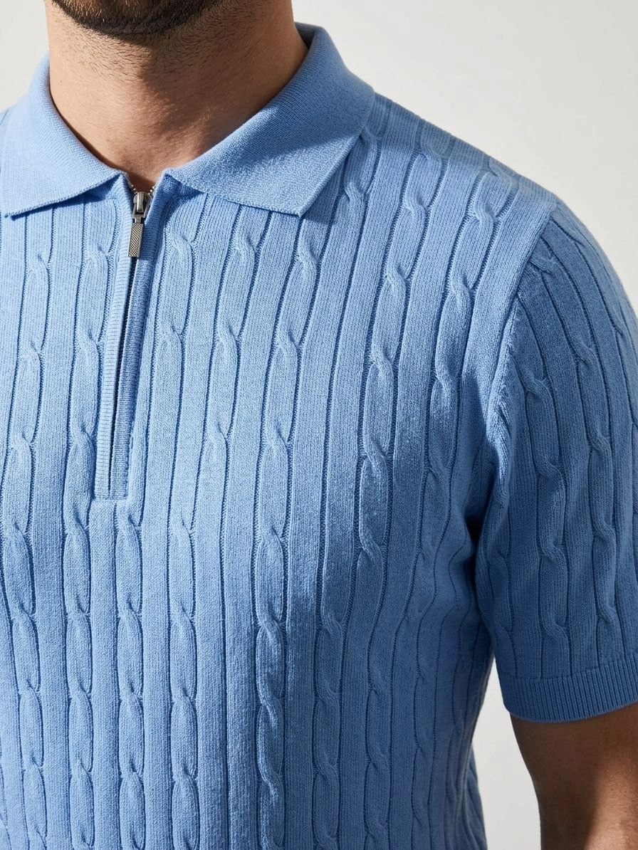 Erkek Yazlık Triko Saç Örgü Tişört Kısa Kol Polo Yaka Fermuarlı T-Shirt – Bebe Mavisi