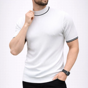 Erkek Fitilli Triko Dokuma Kısa Kol Tişört Yarım Boğaz Modern Yazlık T-Shirt – Beyaz