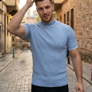 Erkek Fitilli Triko Dokuma Kısa Kol Tişört Yarım Boğaz Modern Yazlık T-Shirt – Bebe Mavisi