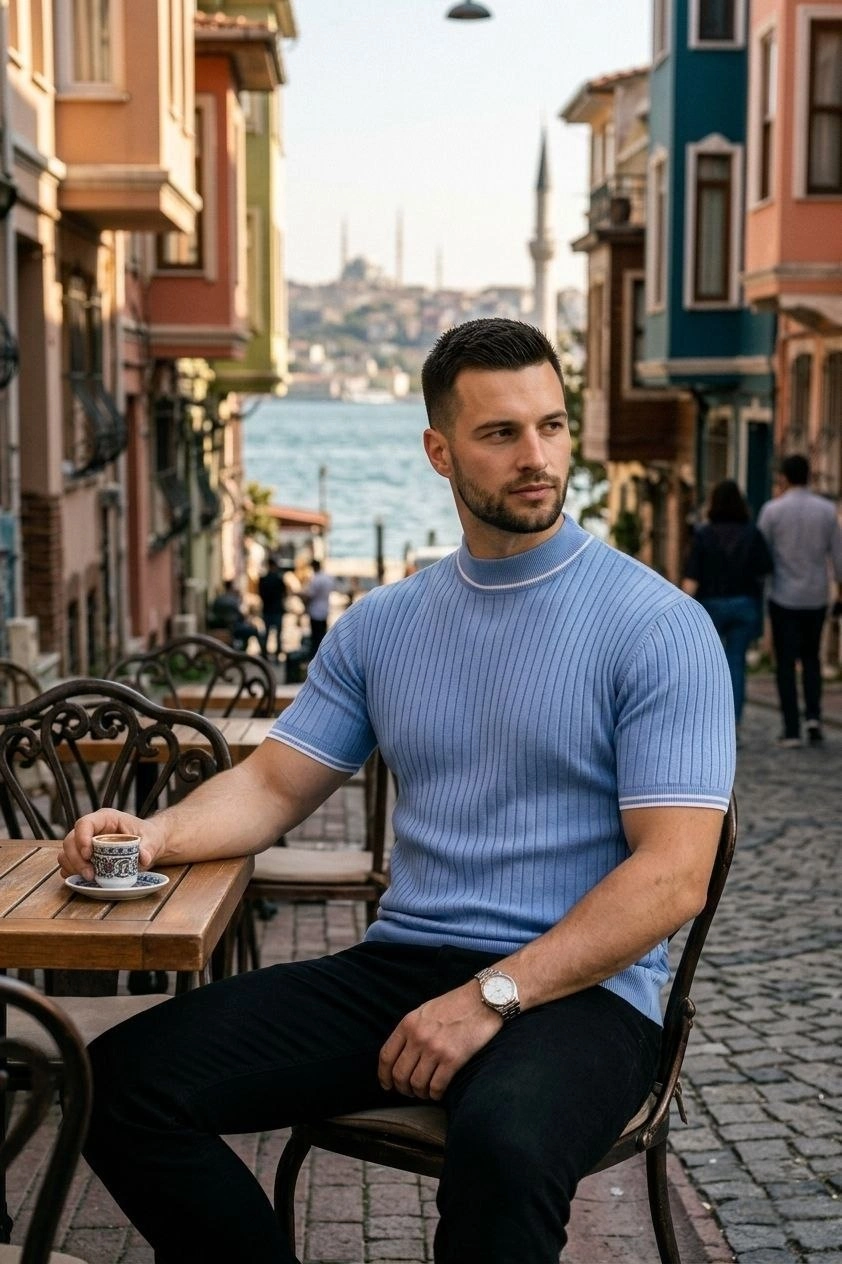 Erkek Fitilli Triko Dokuma Kısa Kol Tişört Yarım Boğaz Modern Yazlık T-Shirt – Bebe Mavisi