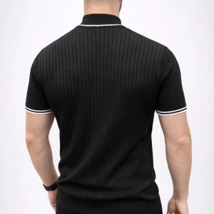 Erkek Fitilli Triko Dokuma Kısa Kol Tişört Yarım Boğaz Modern Yazlık T-Shirt – Siyah