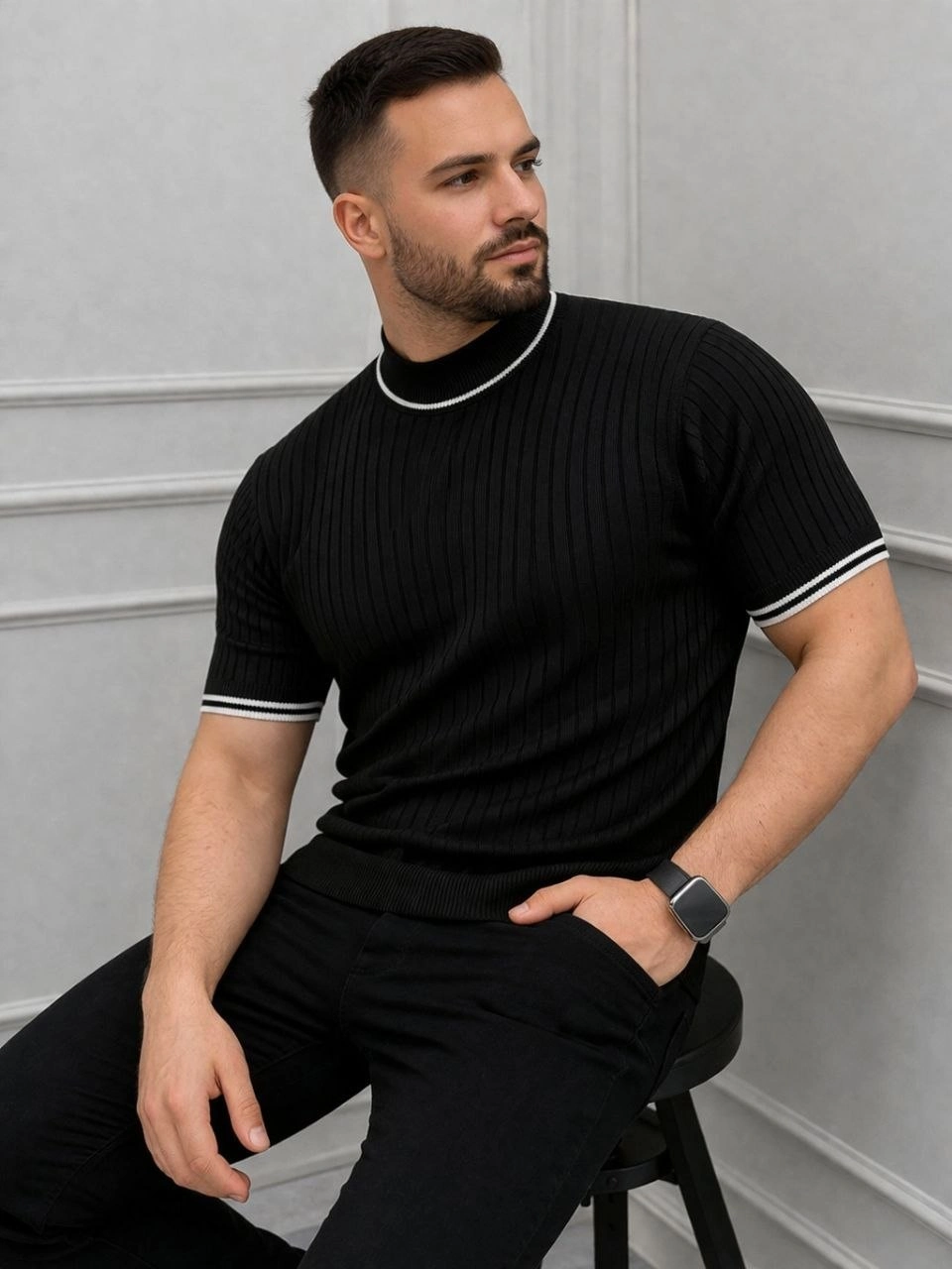Erkek Fitilli Triko Dokuma Kısa Kol Tişört Yarım Boğaz Modern Yazlık T-Shirt – Siyah