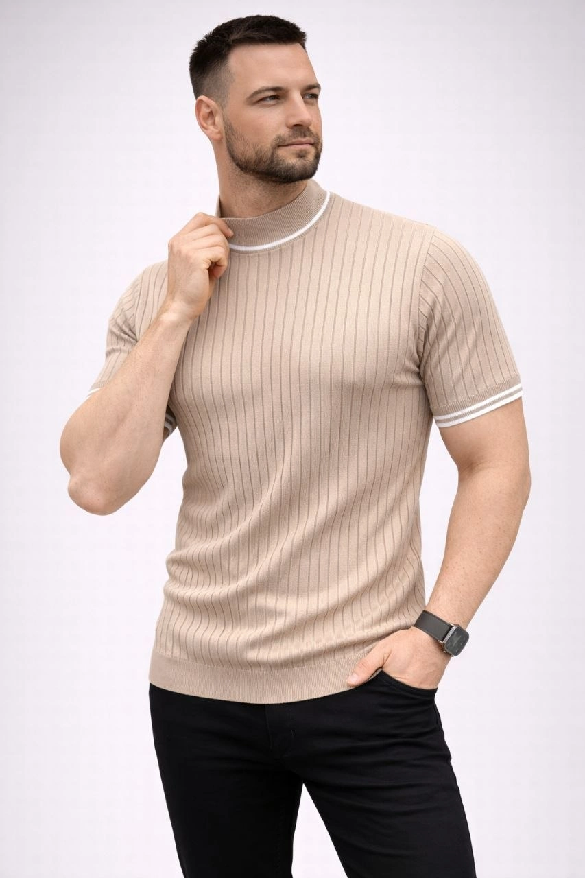 Erkek Fitilli Triko Dokuma Kısa Kol Tişört Yarım Boğaz Modern Yazlık T-Shirt – Bej