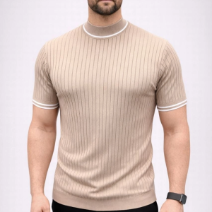 Erkek Fitilli Triko Dokuma Kısa Kol Tişört Yarım Boğaz Modern Yazlık T-Shirt – Bej