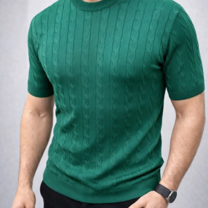 Erkek Yazlık Triko Dokuma Tişört Kısa Kol Bisiklet Yaka Örgü Desenli T-Shirt – Haki
