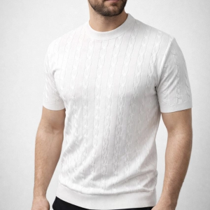 Erkek Yazlık Triko Dokuma Tişört Kısa Kol Bisiklet Yaka Örgü Desenli T-Shirt – Beyaz