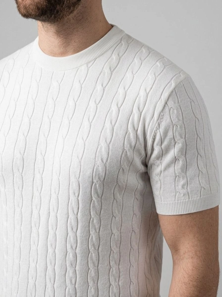 Erkek Yazlık Triko Dokuma Tişört Kısa Kol Bisiklet Yaka Örgü Desenli T-Shirt – Beyaz