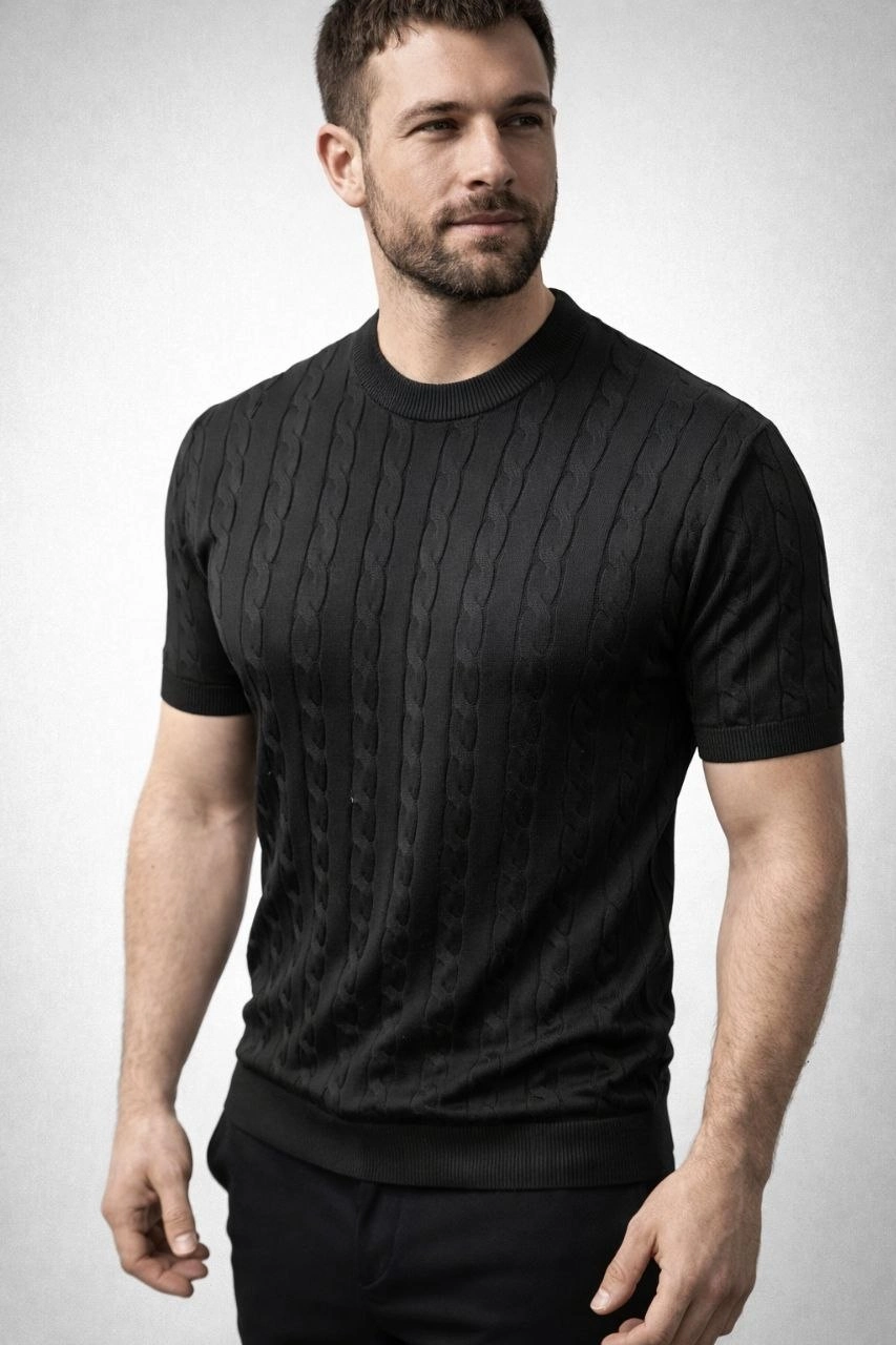 Erkek Yazlık Triko Dokuma Tişört Kısa Kol Bisiklet Yaka Örgü Desenli T-Shirt – Siyah