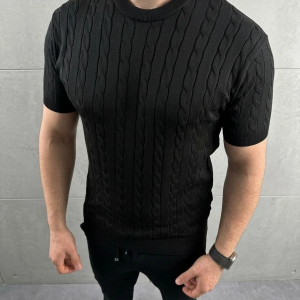 Erkek Yazlık Triko Dokuma Tişört Kısa Kol Bisiklet Yaka Örgü Desenli T-Shirt – Siyah