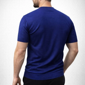 Erkek Yazlık Triko Dokuma Tişört Kısa Kol Bisiklet Yaka Örgü Desenli T-Shirt – Lacivert