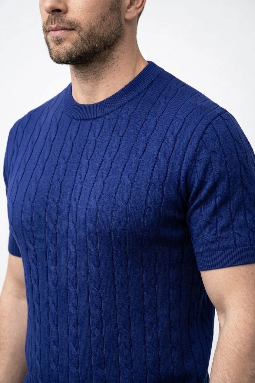 Erkek Yazlık Triko Dokuma Tişört Kısa Kol Bisiklet Yaka Örgü Desenli T-Shirt – Lacivert